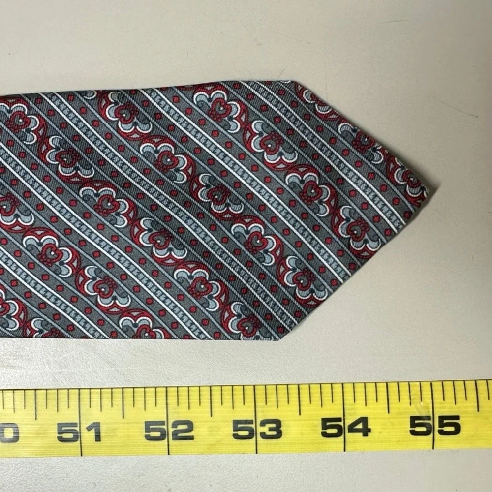 Christian Dior Cravates Silk Tie Grey Red Floral Medallion Stripe Raleighs Mens